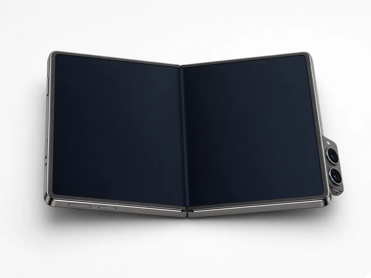 Unfolded iPhone Duo in night-sky titanium, showing the 7.6-inch inner Super Retina XDR display