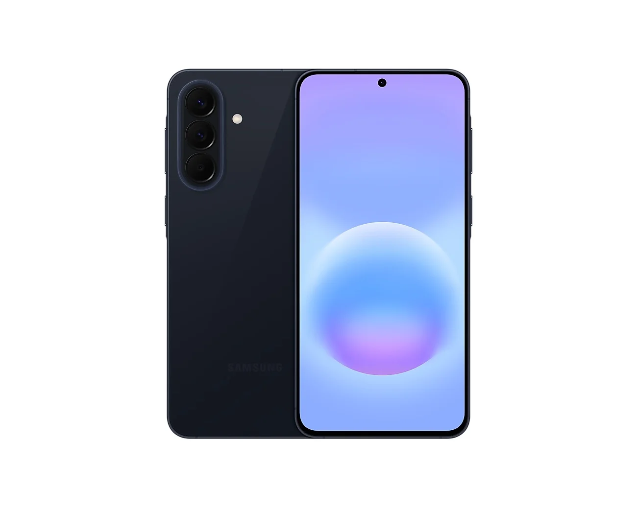 Official Samsung product render of the Galaxy A57 5G in Awesome Navy, showing the slim triple-camera back and front display