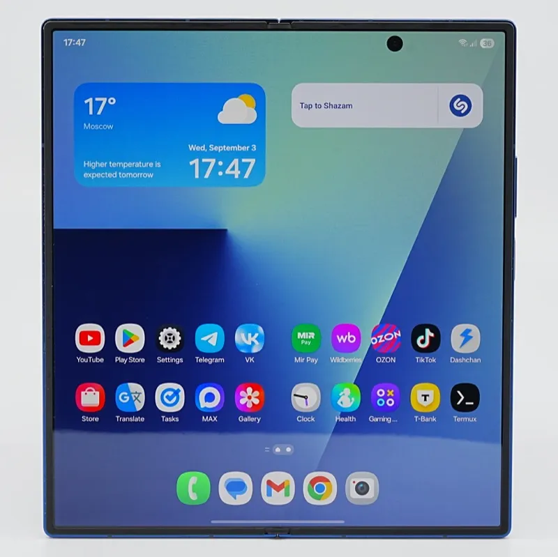 Samsung Galaxy Z Fold7 opened flat, showing the 8-inch inner foldable AMOLED display and the slim aluminium frame