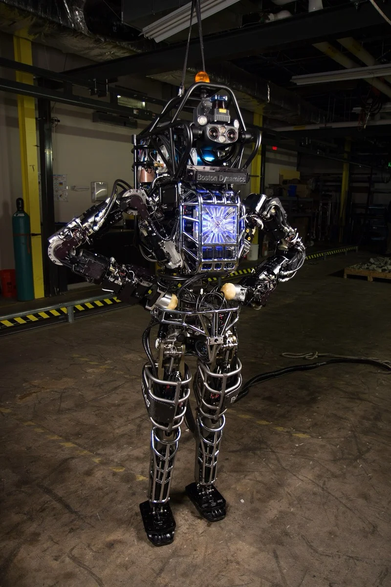 The hydraulic Boston Dynamics Atlas robot standing during DARPA testing