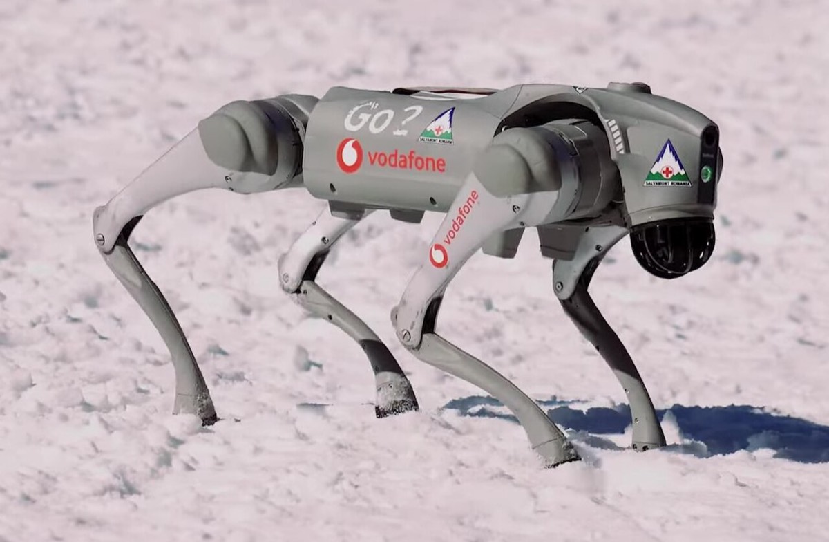 Side view of a Unitree Go2 quadruped robot showing its leg joints