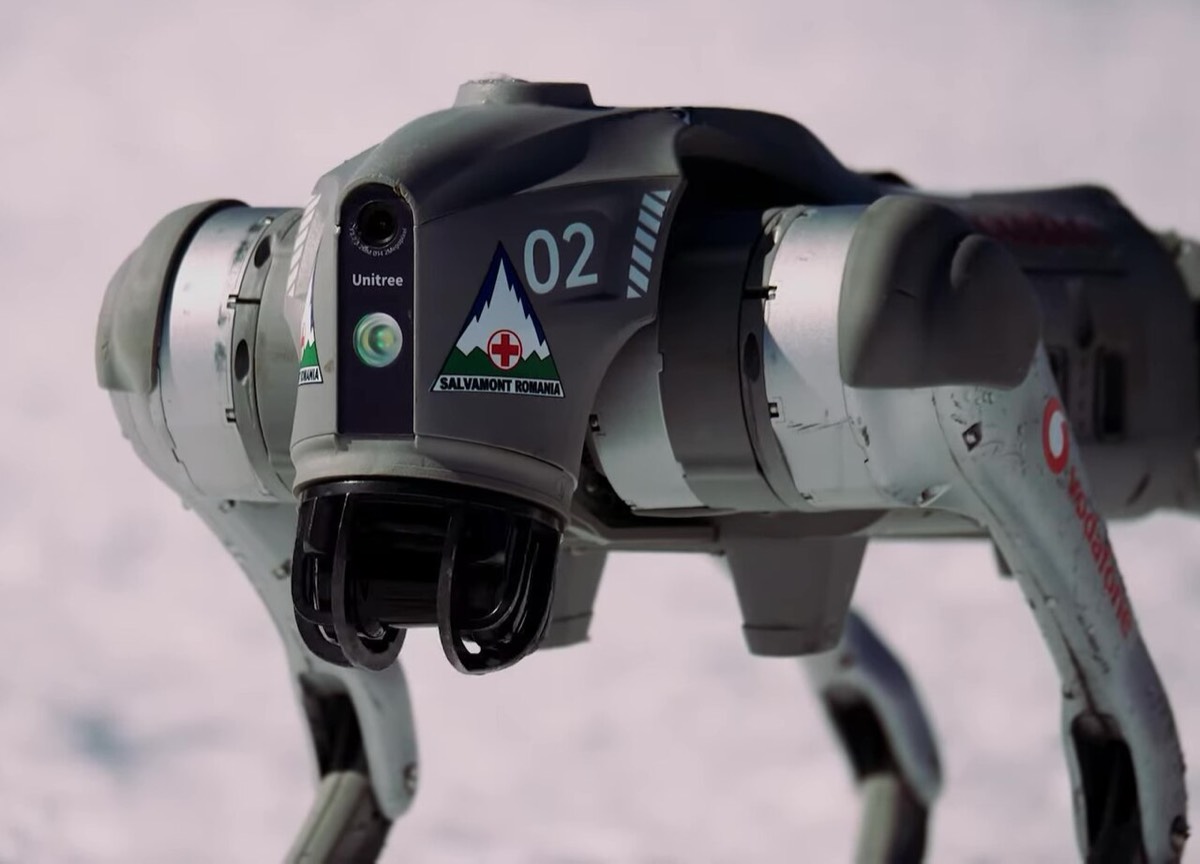 Close-up of a Unitree Go2 quadruped robot's head and sensor housing