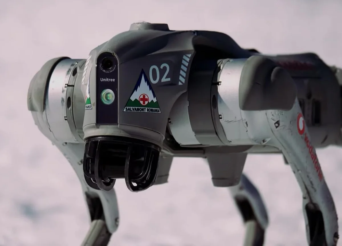 Close-up of a Unitree Go2 quadruped robot's head and sensor housing