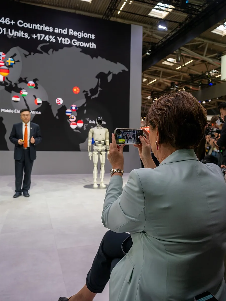 XPeng humanoid robot on stage at the IAA Summit 2025 in Munich