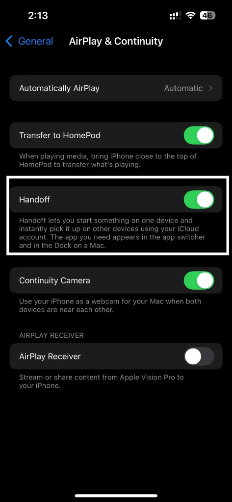 Disable Handoff apple device