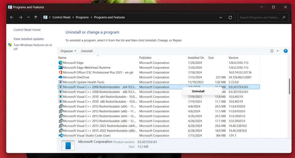 Uninstall on each entry
