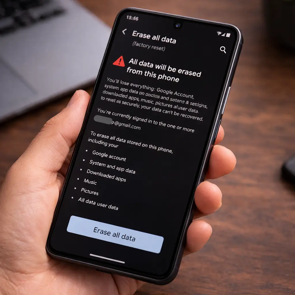 Android factory reset settings erase all data screen