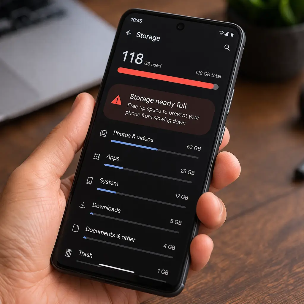 Android phone storage settings showing low storage space