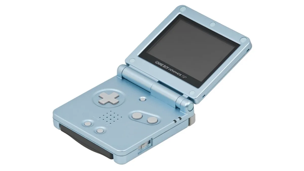 An open Game Boy Advance SP in pearl blue, the clamshell handheld design Anbernic's RG SP copies