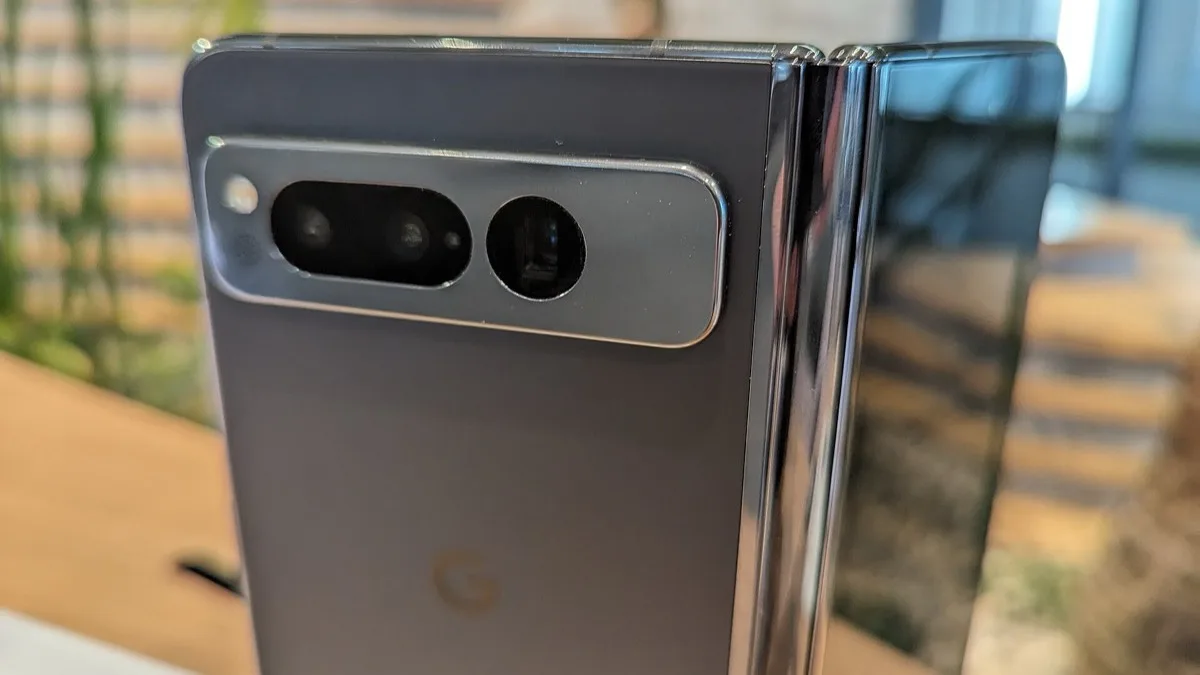 The hinge and rear camera bar of a Google Pixel Fold, the device line the new App Handles feature targets