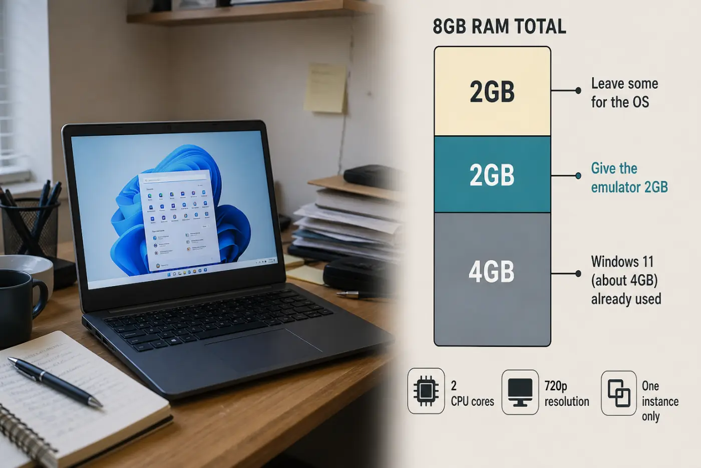 8GB RAM budget for an Android emulator: Windows already used about 4GB, give the emulator 2GB, leave the rest