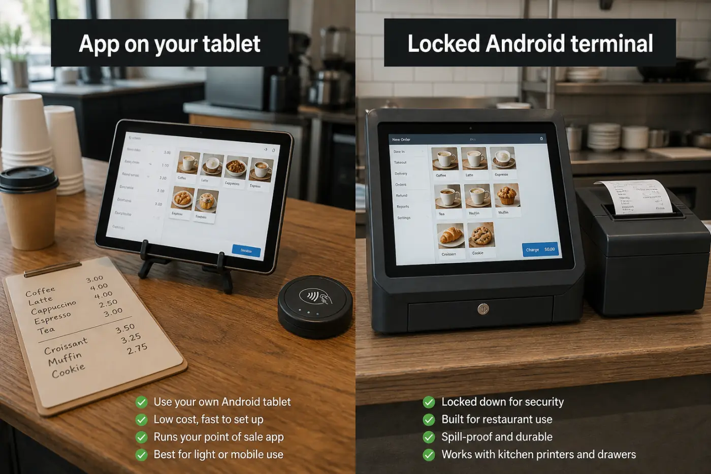 Two kinds of Android POS: an app on a normal tablet versus a locked restaurant terminal