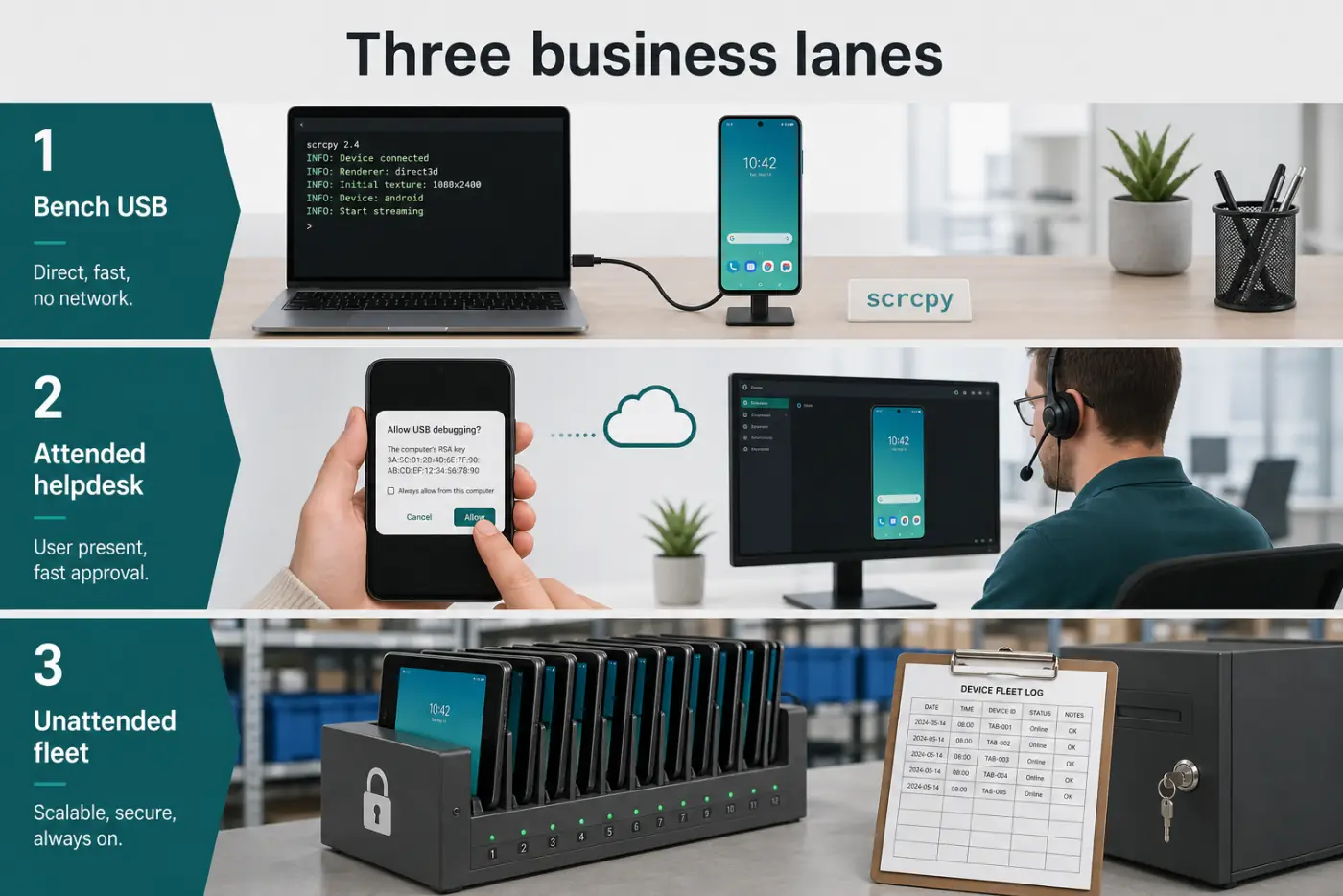 Three business lanes for remotely controlling an Android phone from a PC: USB bench, attended helpdesk, unattended fleet