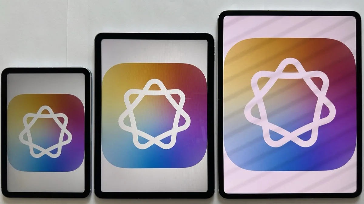 iPhone, iPad mini, and iPad Pro side by side showing the Apple Intelligence icon on screen