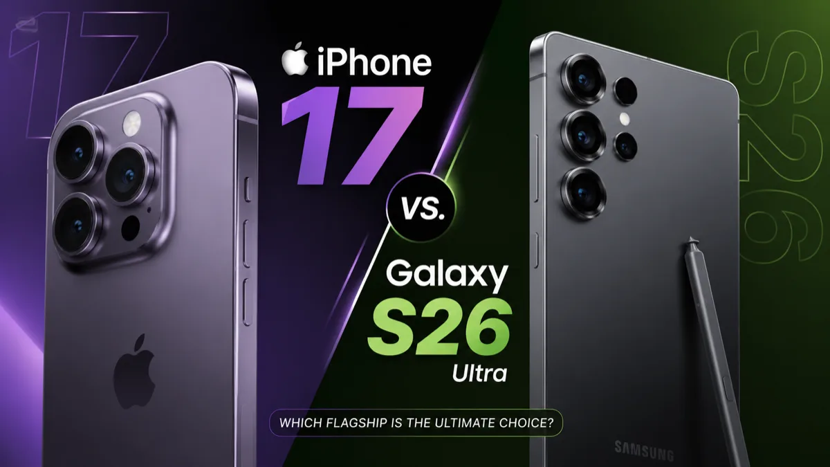 Apple iPhone 17 vs Samsung Galaxy S26 Ultra comparison graphic showing both phones back to back with the S Pen