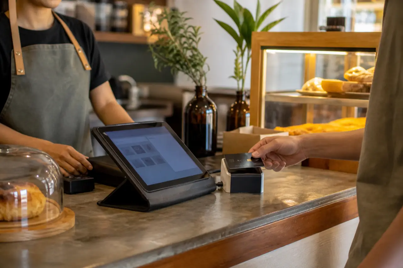 Small business counter with an Android tablet POS and a customer tapping a card