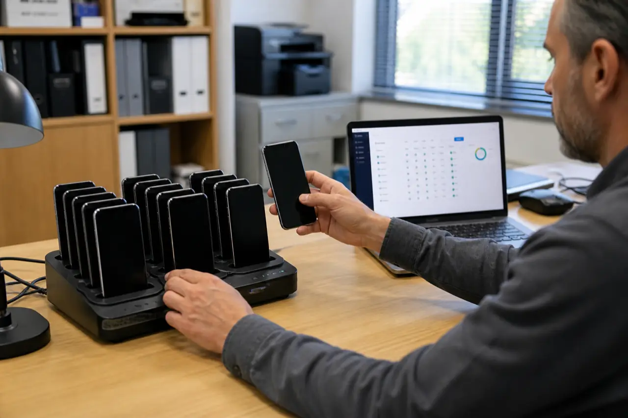Android phones lined up in an office charging dock for fleet management