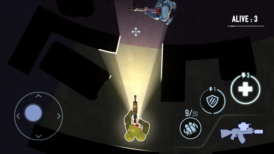 Bullet Echo Android gameplay showing the flashlight vision cone, a top-down shooting game for Android