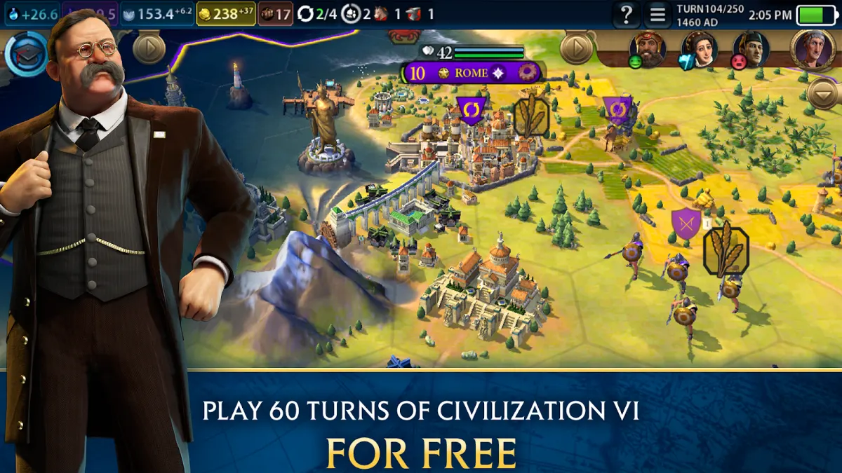 Civilization VI on Android, a 3D map with districts and a leader screen