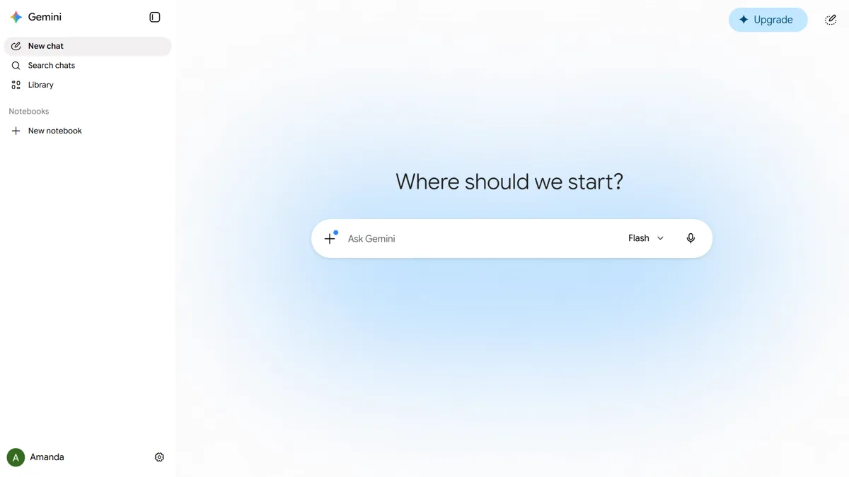 The Gemini app home screen with the Ask Gemini prompt bar, where the Create video tool for Gemini Omni is accessed