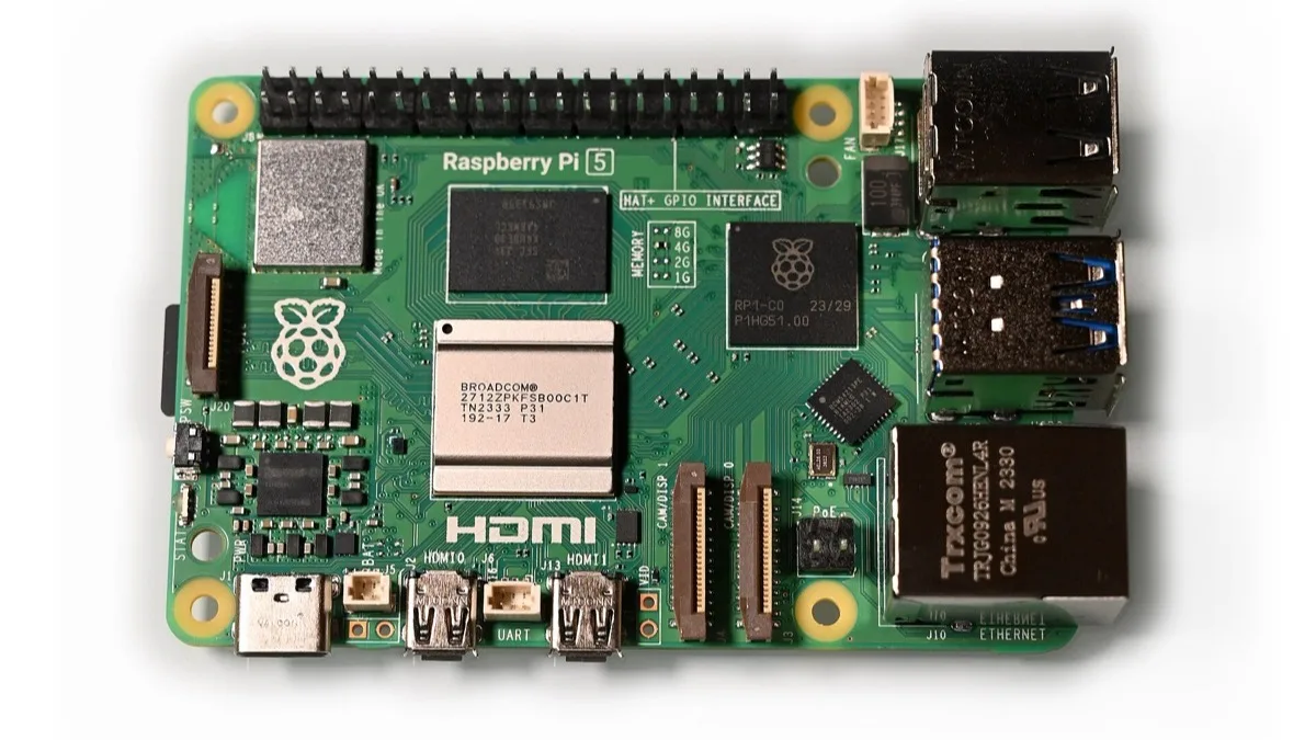A Raspberry Pi 5 single-board computer, the hardware that powers Google's DIY offline AI translator