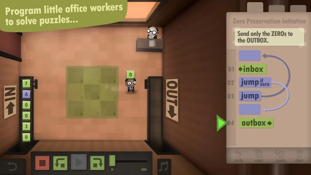 Human Resource Machine on Android, a programming puzzle game with drag-and-drop instructions