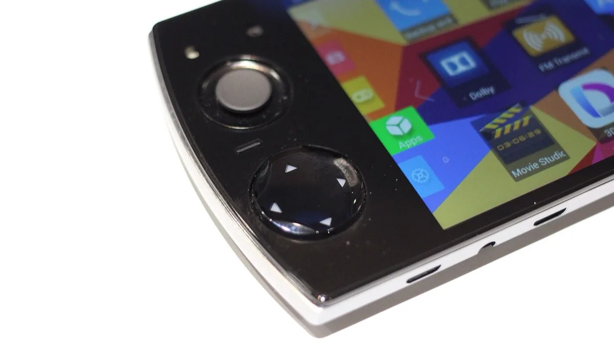 Close-up of a dedicated gaming smartphone's physical shoulder buttons and directional pad beside its display