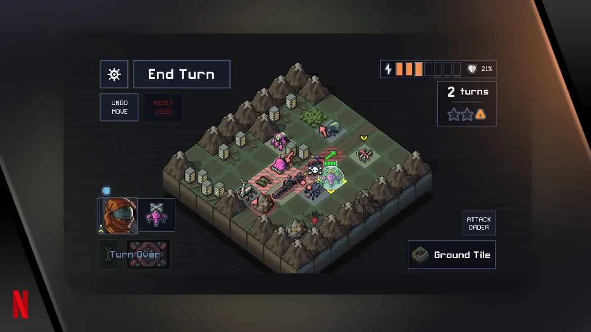 Into the Breach on Android: an 8 by 8 grid with mechs and telegraphed Vek attacks