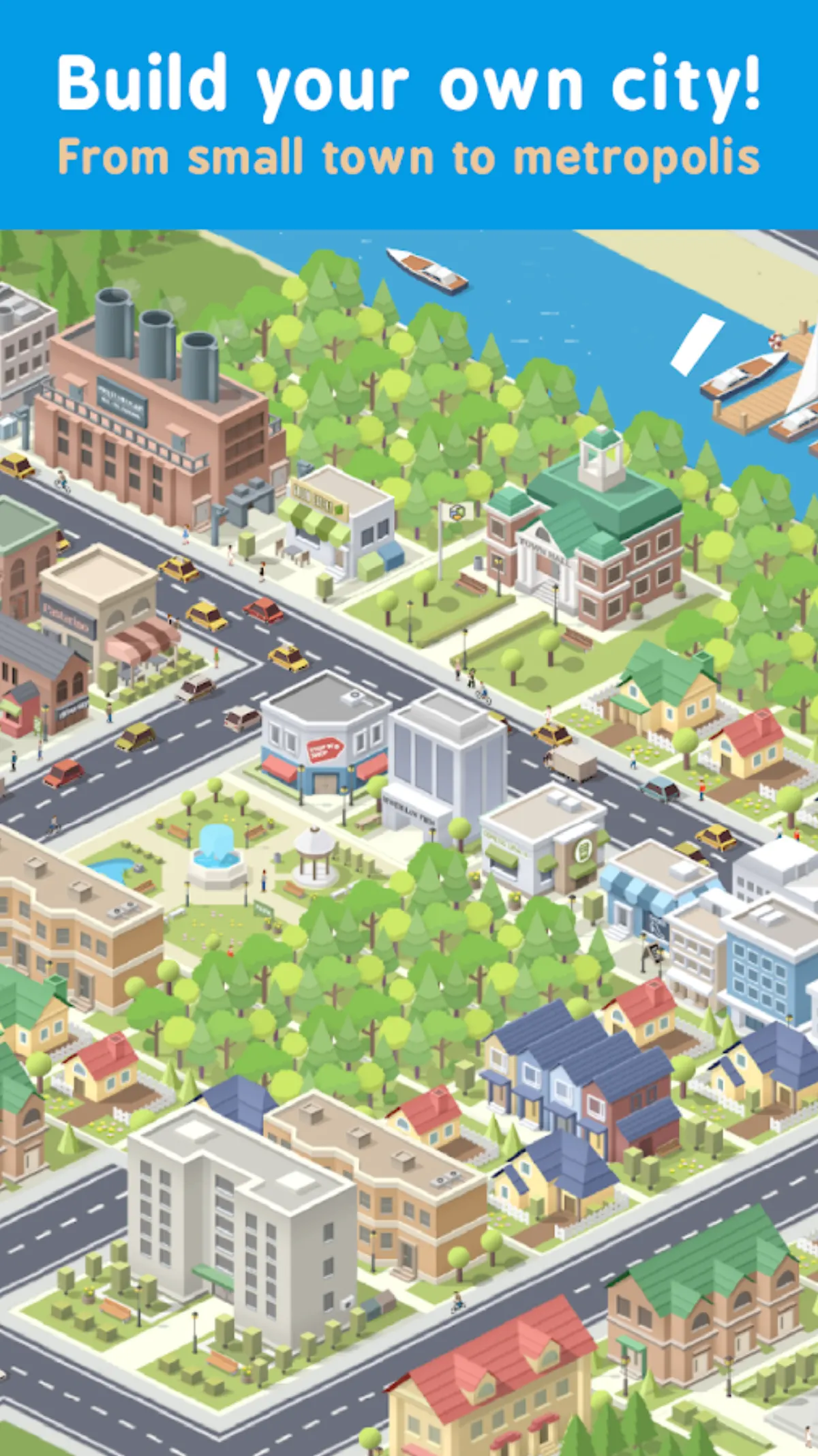 Pocket City on Android, a top-down town with zones and roads