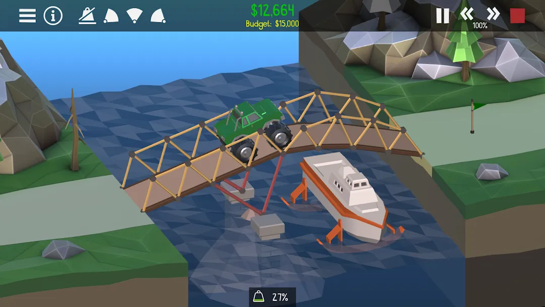 Poly Bridge 2 on Android, a physics construction puzzle game with no ads or in-app purchases