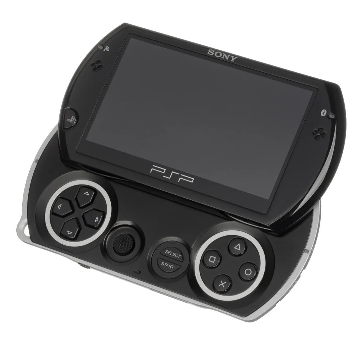 A Sony PSP Go slid open, the PSP model with no UMD drive for dumping PPSSPP games