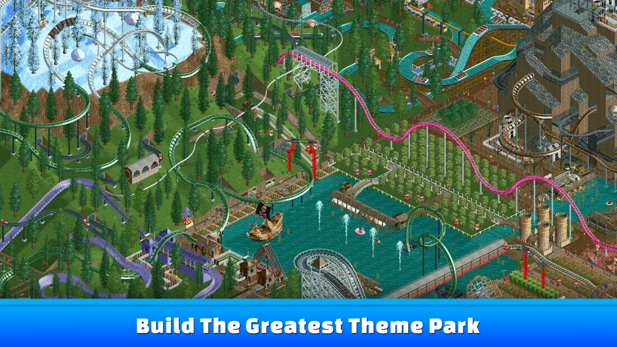 RollerCoaster Tycoon Classic on Android, a 2D park with coasters and guests