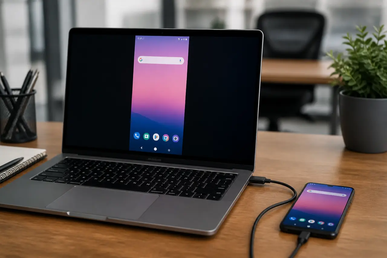 PC laptop connected to an Android phone for screen control