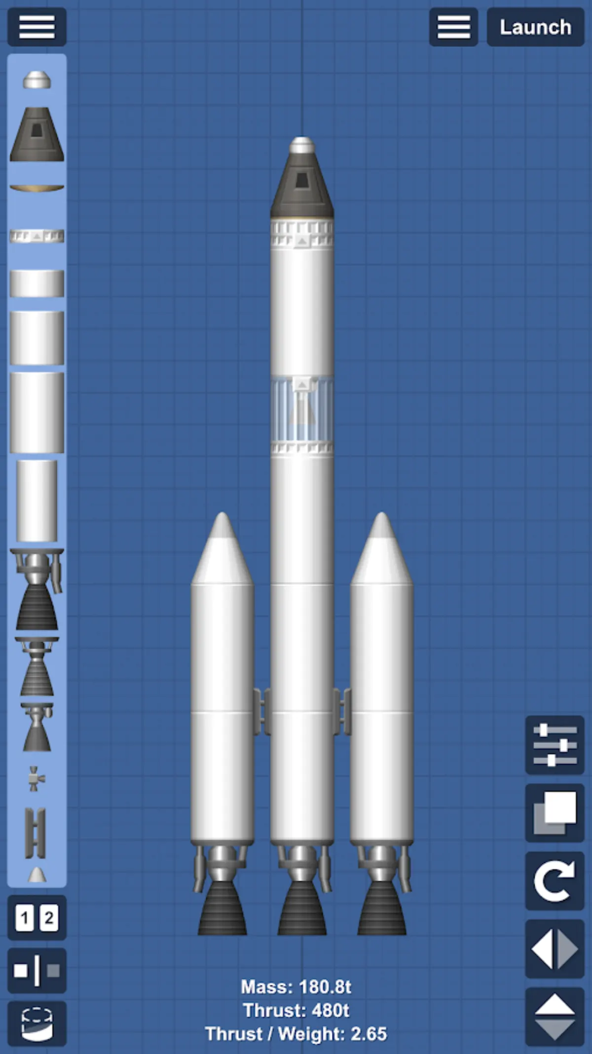 Spaceflight Simulator on Android, a rocket built from parts heading to orbit