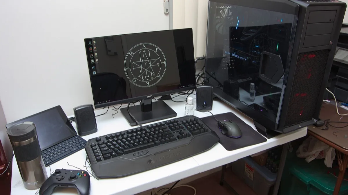A desktop gaming PC with a glass side panel and RGB lighting beside a monitor, mechanical keyboard, mouse and a black gamepad on a white desk