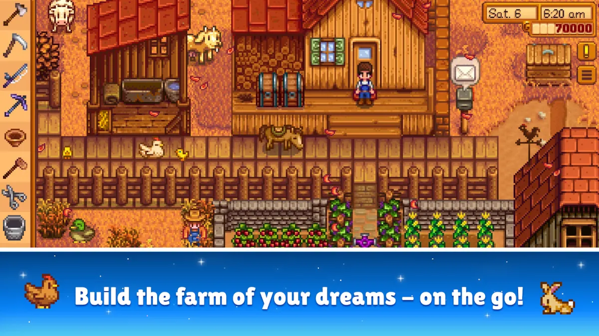 Stardew Valley on Android, a farm, crops, and the town in pixel art