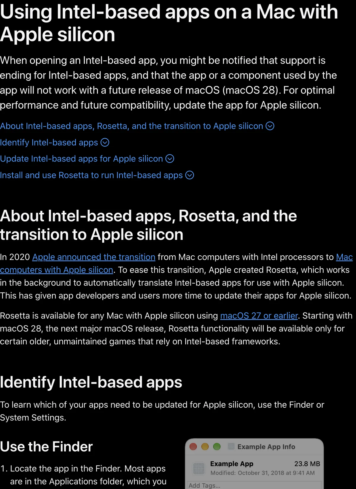 Apple support page stating Rosetta remains available through macOS 27 and narrows to certain older games starting with macOS 28