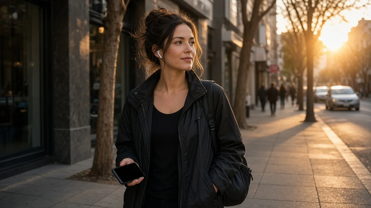 Woman walking down a city street at sunset with one earbud in, holding a phone