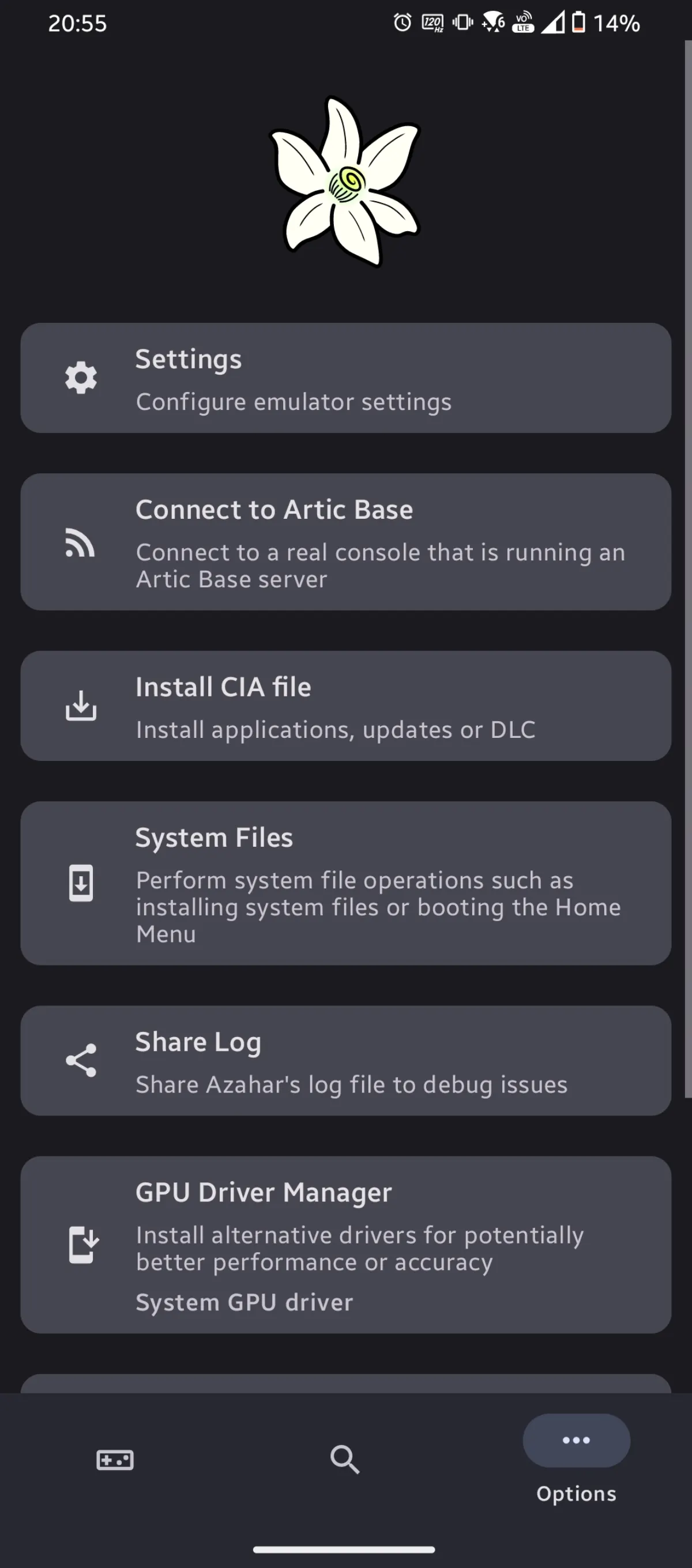 Azahar Android options menu with Artic Base, CIA install, and System Files