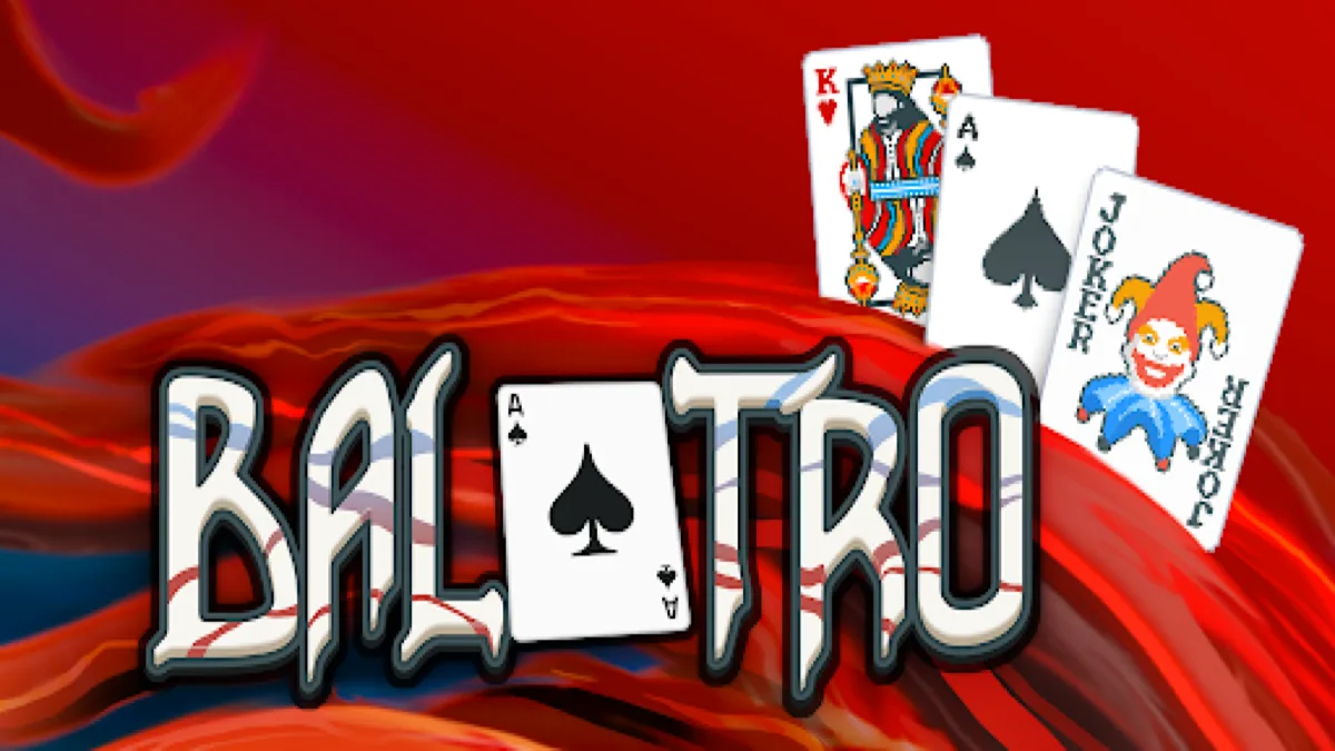 Balatro logo over a red background with playing cards, the best mobile game of 2026 for most players