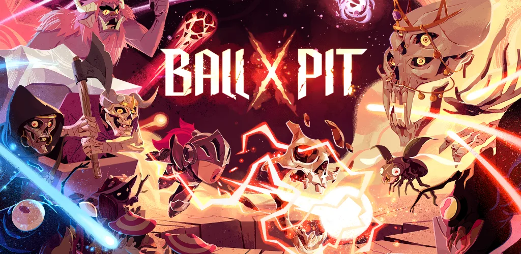 BALL x PIT logo over skeleton monsters and colorful energy blasts, a 2026 action roguelite