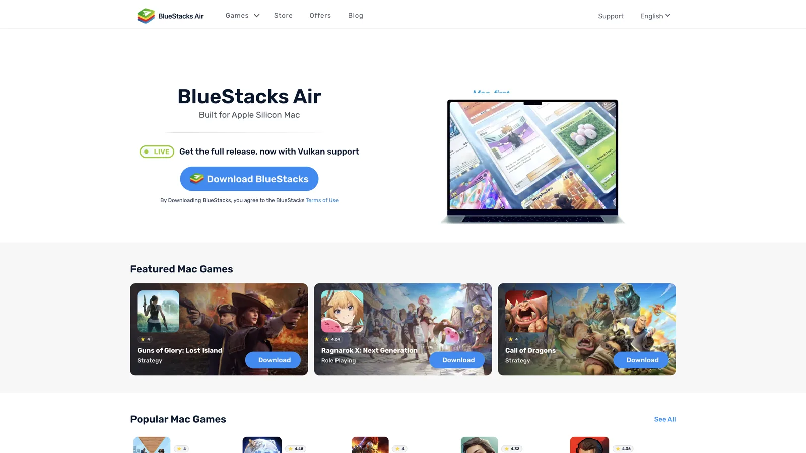 BlueStacks Air download page for Mac, showing the Apple Silicon build with Vulkan support, the best Android emulator for Mac