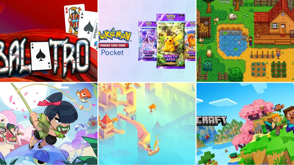 Collage of official store art for Balatro, Pokémon TCG Pocket, Stardew Valley, Brawl Stars, Monument Valley 3 and Minecraft, six of the best mobile games of 2026