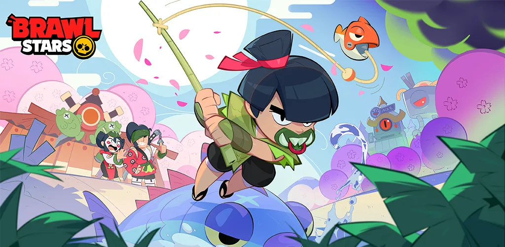 Brawl Stars art of a brawler with a fishing rod riding a big blue creature, a top free multiplayer mobile game
