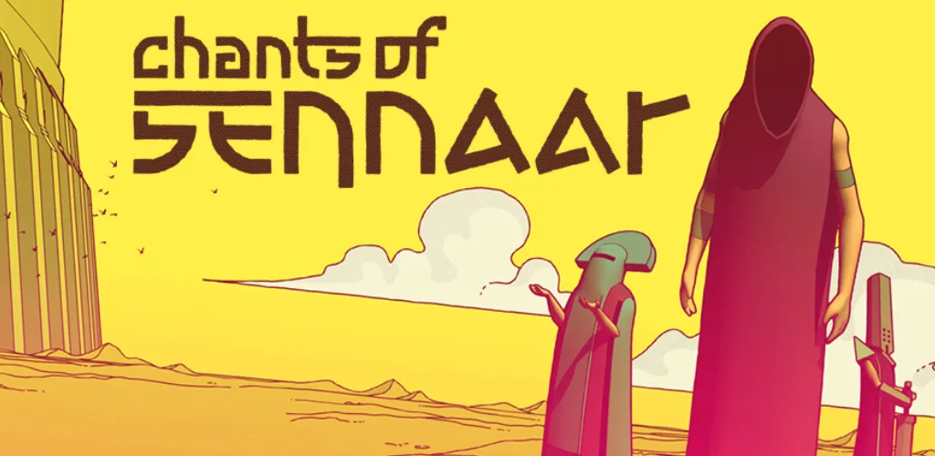 Chants of Sennaar title over a yellow desert with tall red-robed figures, Google Play Best Indie of 2025