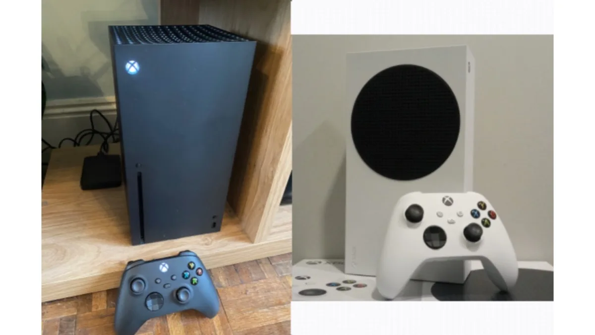 An Xbox Series X and a white Xbox Series S standing beside their matching Xbox Wireless Controllers