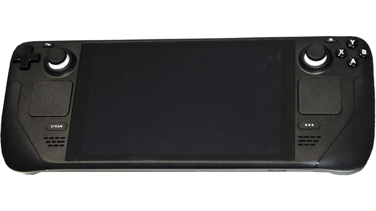 A black Valve Steam Deck handheld photographed from the front, with its screen off