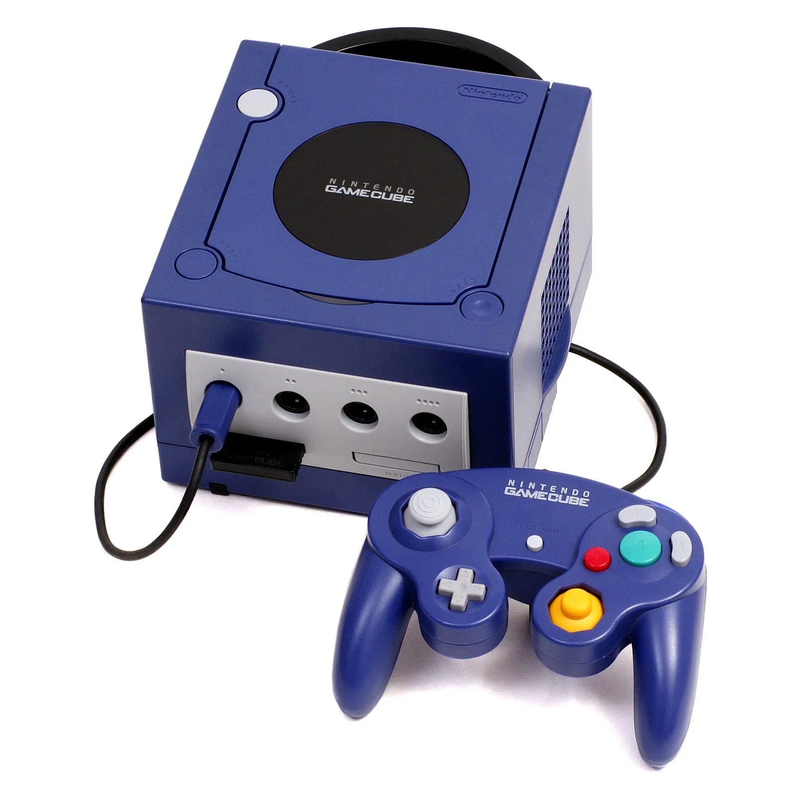 Indigo Nintendo GameCube console with its controller and memory card, the hardware behind the best GameCube games on Dolphin for Android