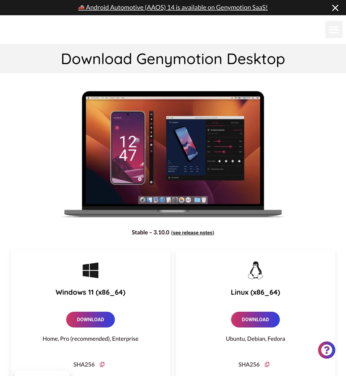 Genymotion Desktop download page showing stable version 3.10.0 and a single universal macOS build labelled x86_64 and arm64