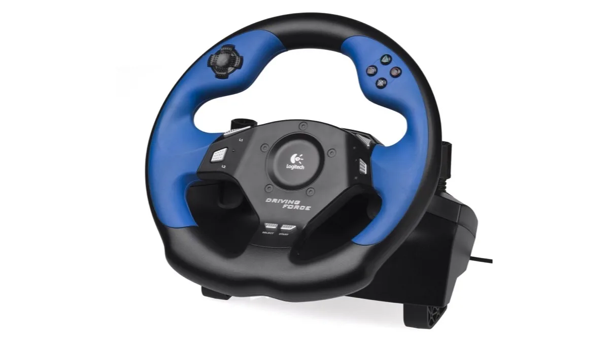 A black and blue Logitech Driving Force racing wheel with PlayStation face buttons and a desk clamp, photographed against a white background